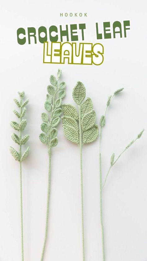 Learn how to crochet realistic leaves with this step-by-step tutorial. Includes tips for choosing the right yarn and hook, and creating leaves in different shapes and Crochet Dried Flowers, Crochet Eucalyptus Leaves Pattern, Crochet Long Leaf Free Pattern, Crochet Wedding Ideas Decoration, Crochet Leafy Vine Pattern, Crochet Leaf Branch, Eucalyptus Crochet Pattern Free, Crochet Rustic Decor, Crochet Foliage Free Pattern