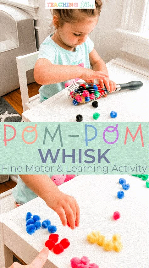 This pompom whisk toddler activity works on skills including fine motor, learning, and sensory. Using multicolored poms help to learn colors and count. Pom Pom Whisk, Activities To Help Fine Motor Skills, Pom Pom Sensory Activities, Fine Motor Activities For Kids Toddlers, Pom Pom Crafts For Toddlers, Pompom Activities Toddlers, Easy Preschool Activities, Toddler Gross Motor Activities, Gross Motor Activities For Toddlers