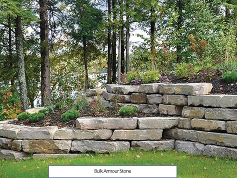 Armour Stone Landscaping, Backyard Retaining Walls, Evergreen Landscape, Lake Houses Exterior, Stone Landscaping, Landscaping Retaining Walls, Hillside Landscaping, Building Stone, Farmhouse Landscaping