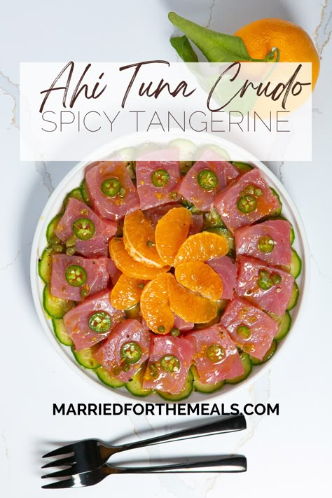 This bright peppery tuna crudo is super quick and easy. Serve it for as an appetizer or devour the entire thing yourself. Tuna Crudo Recipe, Raw Tuna Recipes, Ahi Tuna Recipes, Raw Tuna Recipe, Tuna Carpaccio Recipe, Spicy Ahi Tuna, Crudo Recipe, Tuna Crudo, Tangerine Recipes