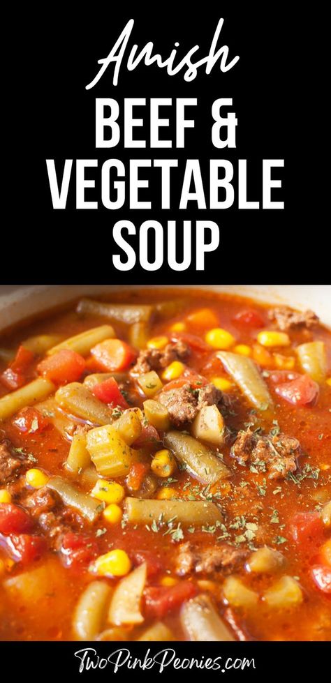 Image with text that says Amish beef and vegetable soup with an image of soup below Vegetable Soup With Ground Beef, Veg Beef Soup, Beef And Vegetable Soup, Easy Vegetable Beef Soup, Homemade Vegetable Beef Soup, Hamburger Vegetable Soup, Beef Soup Recipes, Veg Soup, Soup With Ground Beef