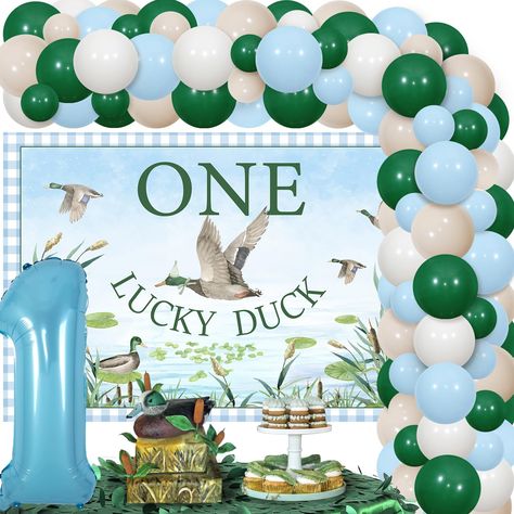 PRICES MAY VARY. Package List: Duck hunting birthday decorations include 1pc on lucky duck backdrop 5*3 ft, 55pcs latex balloons 12”, 15pcs latex balloons 5”, 1pc number 1 foil balloon 32”, 1pc balloon tape strip, 1 roll of adhesive dots and 2pcs ribbons. High Quality: One lucky duck birthday decorations are made of vinyl, latex and foil, sturdy and durable. Unique Design: Duck hunting first birthday photo backdrop is designed as realistic pattern of mallard duck in different poses, which is eye One Lucky Duck Birthday Party Mallard, Duck Backdrop, Mallard Duck Birthday Party, Duck Hunting First Birthday, Hunting First Birthday, One Lucky Duck Birthday Party, Duck Balloon, One Lucky Duck, Duck Party