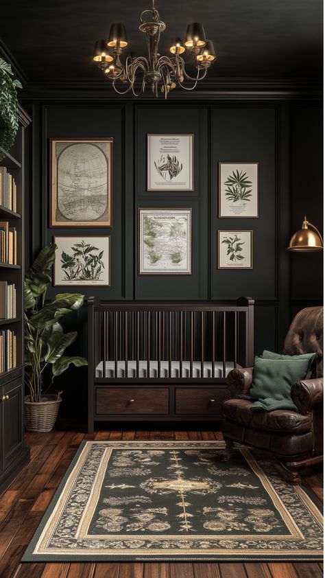 Elegant dark nursery featuring a black paneled wall with botanical and map art, a dark wood crib, a leather armchair, a green vintage-style rug, and dark wood floors for a Victorian-inspired design. Dark And Moody Playroom, Moody Whimsical Aesthetic, Modern Eclectic Nursery, Girl Nursery Dark Furniture, Dark Neutral Nursery, Nursery Ideas Moody, Baby Rooms Idea, Dark Wood Nursery Girl, Moody Green Nursery