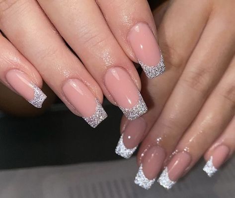 Acrylic Glitter French Tip, Sparkle French Tip Nails, Birthday Acrylic Nails, Silver Tip Nails, Glitter French Tip, Edgy Nails, Classy Acrylic Nails, Man Hat, Neutral Nails