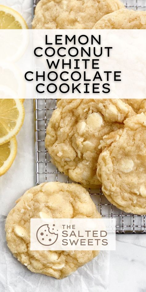 These lemon coconut white chocolate cookies combine all the tang that a lemon brings with the sweetness from both the coconut and white chocolate. It’s such a delighful spring and summer treat! Lemon White Chocolate Coconut Cookies, White Chocolate Coconut Cookies, White Chocolate Almond Cookies, White Chocolate Lemon Cookies, Coconut Baking Recipes, Coconut White Chocolate Chip Cookies, Lemon White Chocolate Cookies, Lemon Coconut Cookies, Lime Dessert Recipes