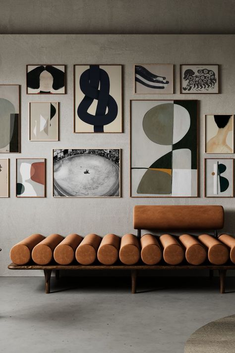 Wall Design With Posters, Gallery Wall Abstract Art, Designer Gallery Wall, Art Gallery Home Interior Design, Poster For Home Decor, Gallery Wall Interior Design, Poster Design On Wall, Fine Art Interior Design, Interior Abstract Art