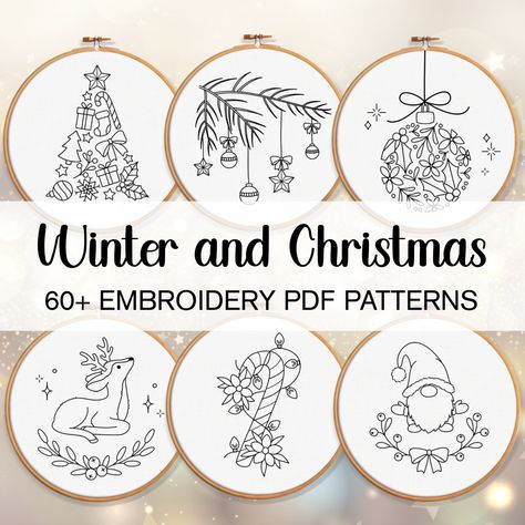 "This listing is for more than 60 Christmas and winter themed embroidery pattern templates. It is for hand embroidery, and is NOT suitable for machine embroidery. You will not receive any physical products as this is a DIGITAL DOWNLOAD ONLY. After purchasing you will receive a PDF file. Open the file and click on the link. This will take you to the Google Drive where you will be able to download an A4 sized PDF pattern template for each of the designs in this listing, plus a few others not pictured. It comes with patterns scaled to fit 3\", 4\", 5\", 6\", 7\" and 8\" hoops. It is up to you to choose which size hoop best suits the design you choose (tip: designs with lots of small details are usually better suited to larger hoops). You will need access to a printer to print your PDF pattern Embroidery Patterns Pdf, Embroidery Christmas Ornaments, Christmas Hand Embroidery, Winter Embroidery, Holiday Embroidery, Winter And Christmas, Christmas Embroidery Patterns, Iron On Embroidery, Embroidery Christmas