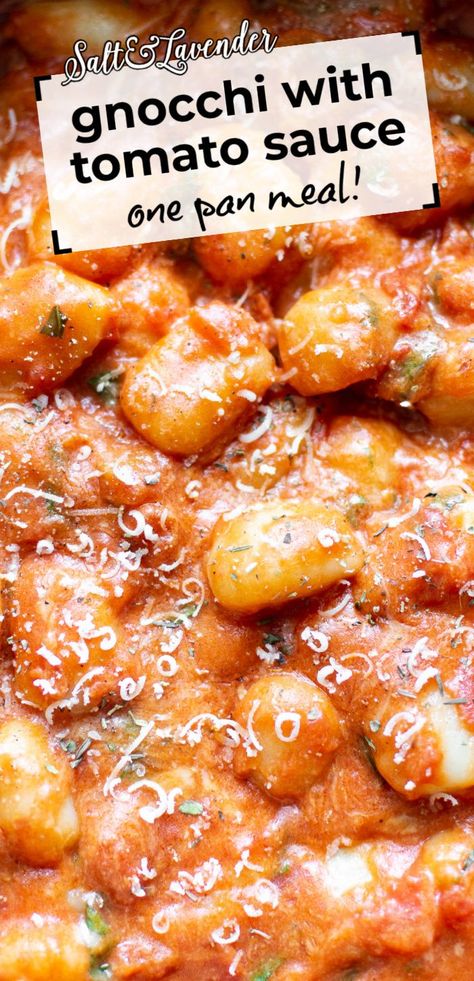 closeup of gnocchi with parmesan and text overlay that reads gnocchi with tomato sauce - one pan meal! Spicy Gnocchi Soup, Burrata And Gnocchi, Chicken Gnocchi Red Sauce, Cheesy Tomato Gnocchi, Gnocchi And Tomato Sauce, Gnocchi With Cherry Tomatoes, Gnocchi Rose Sauce, Gnocchi With Creamy Tomato Sauce, Pasta Sauce For Gnocchi