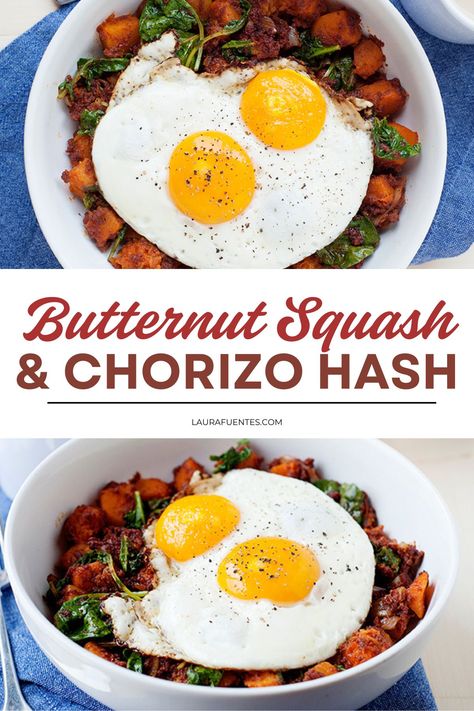 This butternut squash and chorizo hash is a terrific breakfast option for a cozy weekend or served for dinner topped with a fried egg. Chorizo Bowl, Butternut Squash Breakfast, Chorizo Hash, Savory Butternut Squash, Chorizo Breakfast, Nourish Bowl, Chorizo Recipes, Hash Recipe, Cozy Weekend