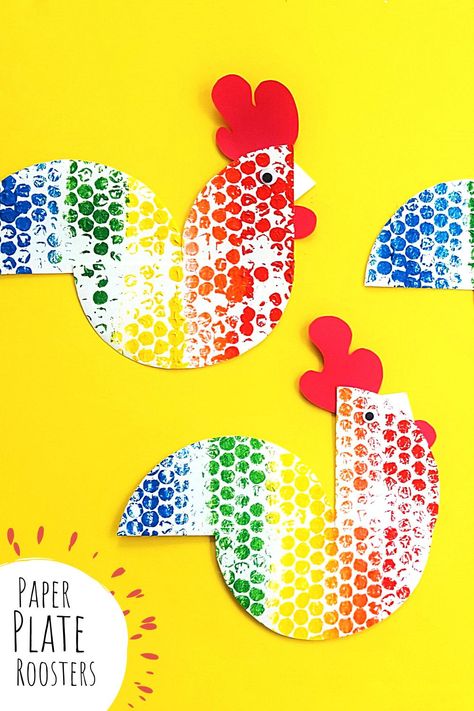 Make colorful roosters with paper plates! Rooster Crafts Preschool, Eric Carle Activities Preschool, Paper Plate Rainbow, Bubble Wrap Crafts, Rooster Craft, Crafts With Kids, Eric Carle Activities, Calendar Craft, Chicken Crafts