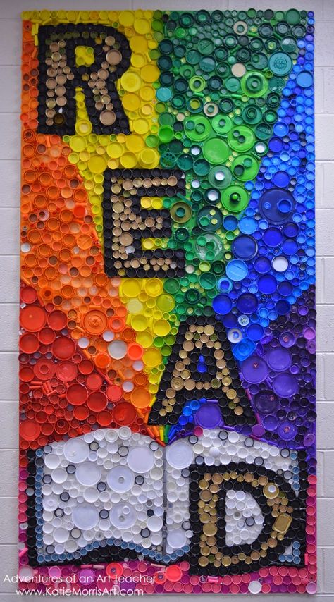 2012  was the first year my Intermediate school created bottle cap "murals". Some were small, some were medium, but this year we went BIG to... Art Using Bottle Caps, Bottle Cap Mosaic Ideas, Bottle Lid Art, Cap Art Ideas, Bottle Cap Mosaic, Bottle Cap Mural, Bottle Cap Sign, Zen Area, Bottle Top Art