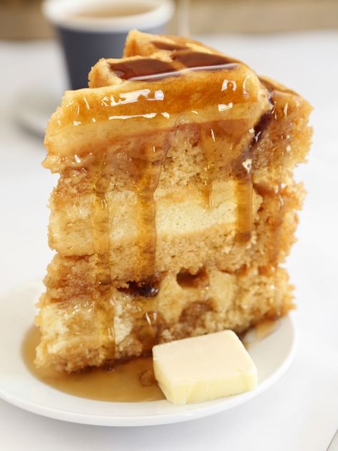 Maple Belgian Waffle Cake Maple Syrup Cake, Waffle Cakes, Maple Cake, Dessert Inspiration, Waffle Cake, Belgian Waffles, Breakfast Cake, Waffle Iron, How To Make Breakfast