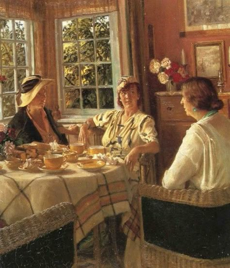 August Haerning (1874-1961), Danish painter, "The Tea Party" Undated Persephone Books, Vintage Tea Rooms, Girls Tea Party, Three Graces, Coffee Poster, Time Painting, Great Paintings, Tea Art, Paintings I Love