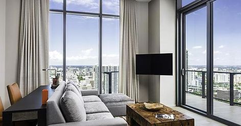 This is what I call a room view @EAST Miami #design #decorations #inspiration #desigedecors Spa Bathrooms, Room View, Corner Window, Large Balcony, Landmark Hotel, Too Cold, Bathroom Spa, Miami Design, Spacious Living