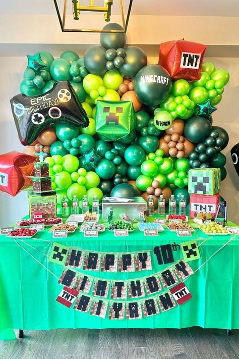 Check out this awesome Minecraft-themed birthday party! What an amazing backdrop! See more party ideas and share yours at CatchMyParty.com Minecraft Zombie Birthday Party, Minecraft Balloon Arch, Minecraft Party Backdrop, Minecraft Birthday Party Decorations, Minecraft Themed Birthday Party, Video Game Party Theme, Minecraft Balloons, Minecraft Birthday Decorations, Minecraft Party Ideas