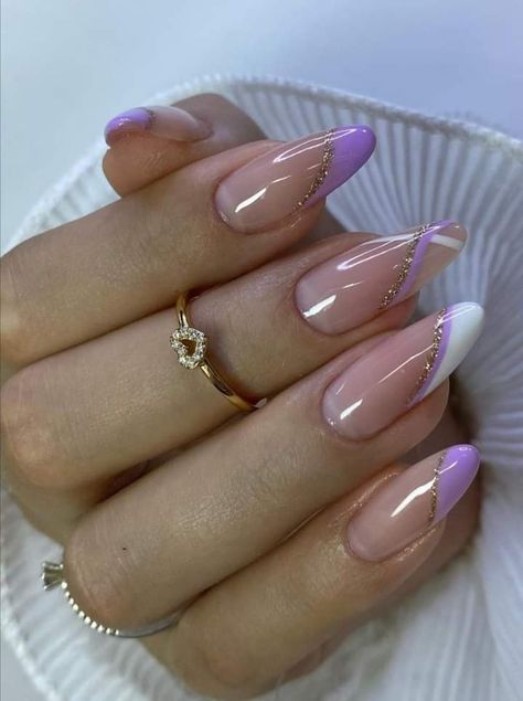 Nails With Purple Glitter, Nails With Purple, Simple Spring Nails, Latest Nail Designs, Ombre Nails Glitter, Purple Nail Designs, French Tip Acrylic Nails, Almond Nails Designs, Almond Nail