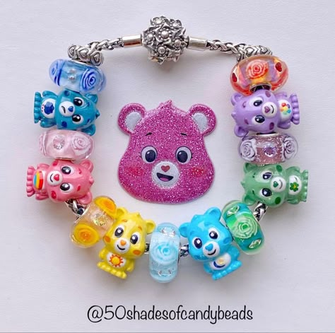 Care bears resin beads from Tiny Life beads with elfbeads floral glass beads spring jewellery ramnbow style diy bracelet Care Bear Bracelet, Care Bears Bracelet, Care Bears Accessories, Crochet Cute Animals, Disney Pandora Bracelet, Pandora Bracelet Charms Ideas, Care Bear Party, Pandora Bracelet Designs, Crocheted Animals