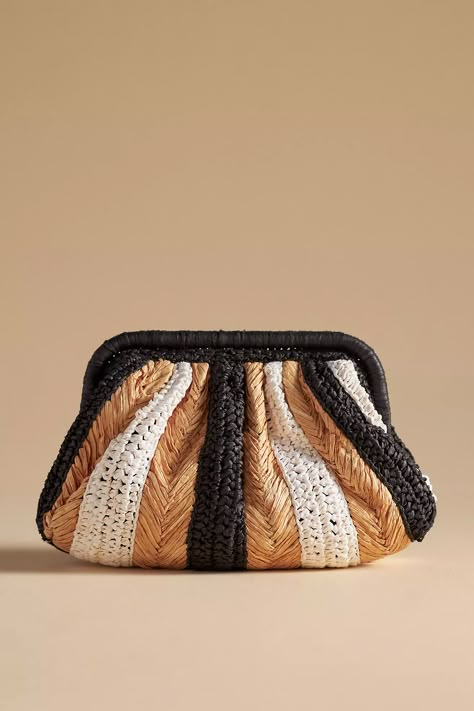 The Frankie Clutch: Striped Raffia Edition | Anthropologie Raffia Crochet, Crochet Bags Purses, Woven Raffia, Beaded Clutch, Knitted Bags, Kimonos, Stylish Accessories, Crochet Bag, Orange Black