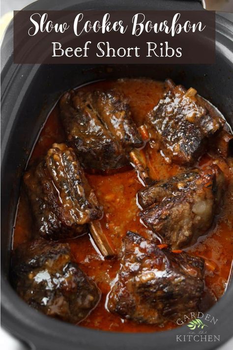 Slow Cooker Bourbon Beef Short Ribs Short Ribs Recipe Crockpot Bbq, Short Ribs Christmas Dinner, Bourbon Short Ribs Recipe, Meat And 3 Meals, Boneless Beef Rib Recipes, Slow Cook Short Ribs Crock Pots, Crock Pot Short Ribs Recipe Crockpot, Cajun Short Ribs, Roast Beef Crockpot Recipes