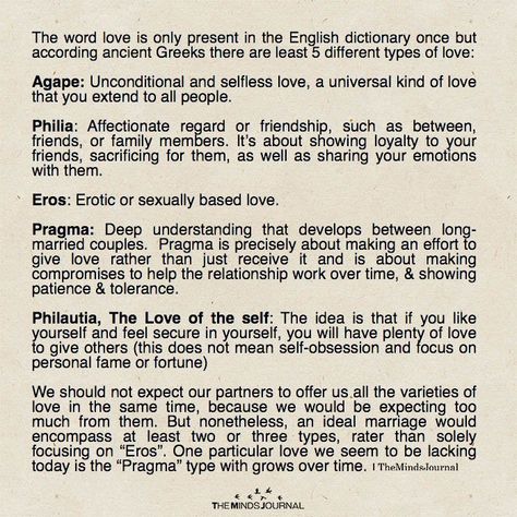 The word love is only present in the English dictionary once but according ancient Greeks there are least 5 different types of love Beautiful Greek Words, Different Words For Love, Greek Words For Love, Types Of Love, English Love Quotes, Missing Quotes, Types Of Aesthetics, Selfless Love, The Minds Journal