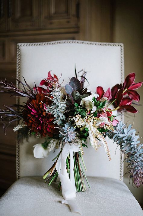 Look at that giant burgundy dahlia! ~ we ❤ this! moncheribridals.com Burgundy Dahlia Wedding Bouquet, Moody Boho Bridal Bouquet, Moody Cascading Bouquet, Moody Boho Bouquet, Protea Wedding Bouquet Burgundy, Burgundy Dahlia, Rustic Outdoor Wedding, Blue Wedding Bouquet, Winter Wedding Flowers