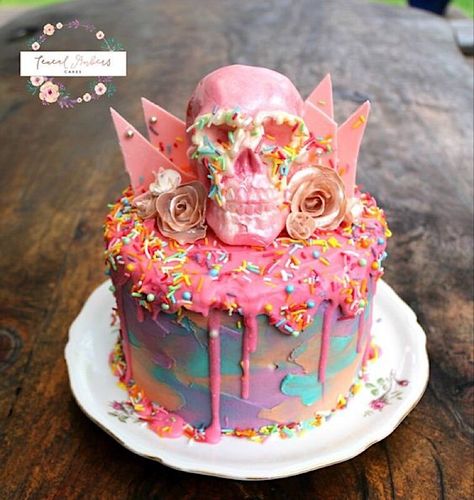 Strange Cakes, Pink Chocolate Cake, Skull Birthday Cake, Skull Cakes, Drippy Cakes, Halloween Torte, Swiss Buttercream, Skull Cake, Pink Chocolate