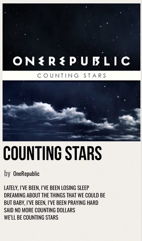 Counting Stars Aesthetic, Poster Song Lyrics, One Republic Poster, One Republic Aesthetic, Onerepublic Aesthetic, One Republic Songs, Counting Stars Onerepublic, Counting Stars Lyrics, Cold Play