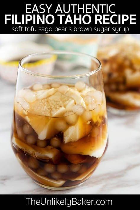 Learn how to make this authentic Filipino taho recipe. Tastes just like the one from home! So easy to make too. Just cook the soft tofu, sago pearls and brown sugar syrup (arnibal), put them together, and enjoy. Perfect for breakfast, snack (merienda) or dessert. Taho Filipino Dessert Recipe, Filipino Taho Recipe, How To Make Taho Philippines, Taho Filipino Recipe, Taho Filipino Dessert, Filipino Taho, Filipino Childhood, Taho Filipino, Sago Pearls