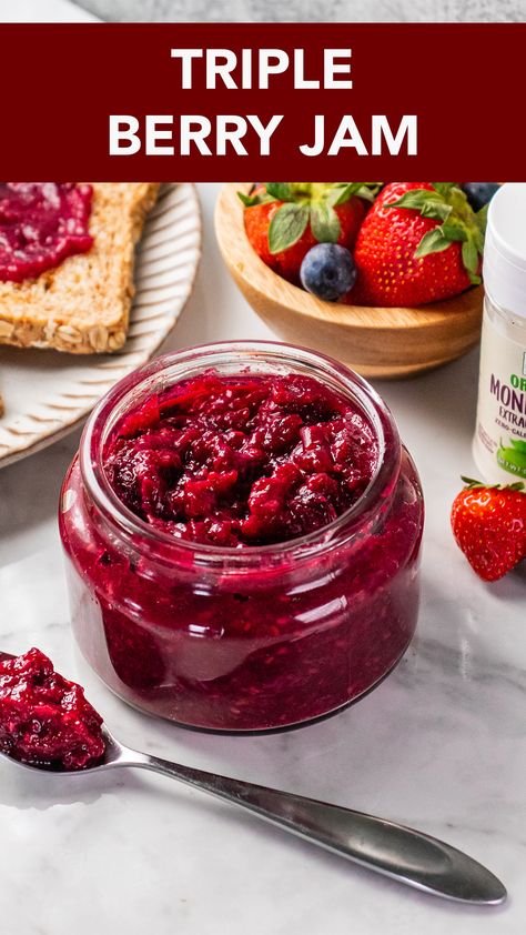 Brighten breakfast with homemade Triple Berry Jam: a delightful blend of berries sweetened naturally with NOW® Organic Monk Fruit Extract Powder. This luscious, low-sugar jam is quick to prepare and bursting with berry flavors. Triple Berry Jam, Blueberries And Raspberries, Low Sugar Jam, Make Jam, Strawberries Blueberries, Monk Fruit, Berry Jam, Low Sugar, Blueberries