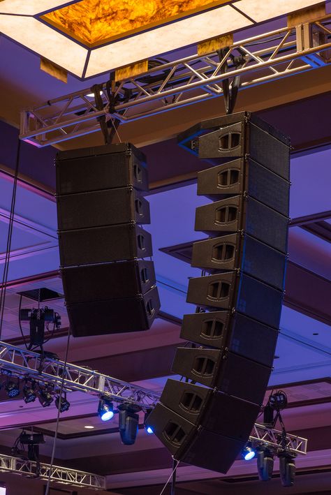 Closeup of our d&b audiotechnik line array PA system for a corporate event in Atlantic City, NJ. For this event, we used our d&b audiotechnik line array PA system, our LED video wall, 14k lumen projectors, and intelligent lighting to create a dynamic and exciting environment for the several thousand in attendance. Photo by Wise Image Photography. Lighting & audio/visual elements by Synergetic: www.sslproductions.com Concert Stage Design, Media Event, Atlantic City Nj, Led Video Wall, Visual Elements, Bucks County Pa, B Line, Live Sound, Sound Systems