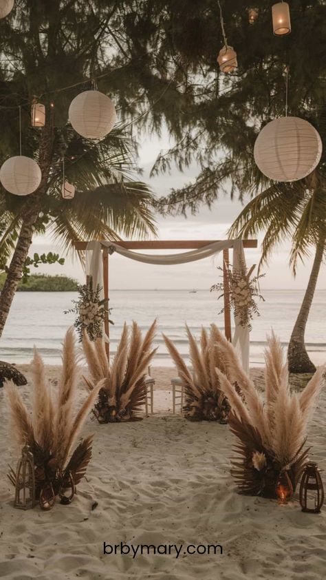 Boho Beach Wedding Arch With Lanterns Wedding Arch With Lanterns, Elegant Beach Wedding Decorations, Beach Wedding Ceremony Decorations, Small Beach Wedding Ideas, Small Beach Wedding, Beach Wedding Arch, Beach Wedding Inspo, Elegant Beach Wedding, Diy Beach Wedding