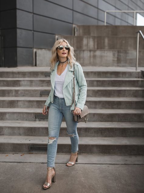 THE PERFECT SPRING MOTO WITH NORDSTROM Green Moto Jacket Outfit, Mint Blazer Outfit, Green Leather Jacket Outfit, Cropped Jacket Outfit, Mint Green Outfits, Green Jacket Outfit, Mint Green Blazer, Mint Green Jacket, Green Moto Jacket