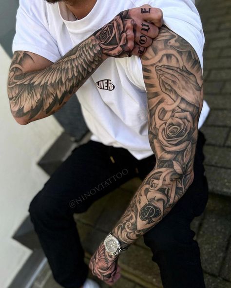 Black And Grey Tattoos: 60+ Ideas & Things You Need To Know Tattoo Sleeve Themes, Traditional Tattoo Black And Grey, Arm Tattoos Black, Black And Grey Sleeve, Black And Grey Tattoos Sleeve, Tato Tradisional, Small Wave Tattoo, Traditional Tattoo Sleeve, Men Tattoos