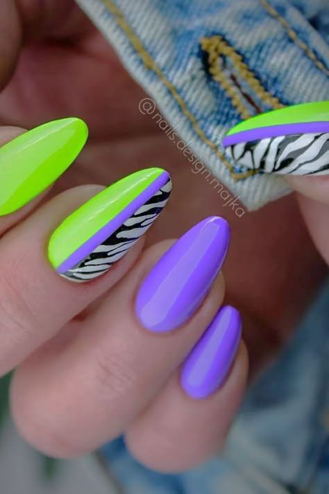 Bright Zebra Nails, Summer Nails Fun Bright, Bright Nails For Spring, Neon Zebra Nails, Funky Gel Nail Designs, Summer Nails Designs 2024, Fun Summer Nails 2023, Funky Nail Ideas Fun, Fun Bright Nail Designs