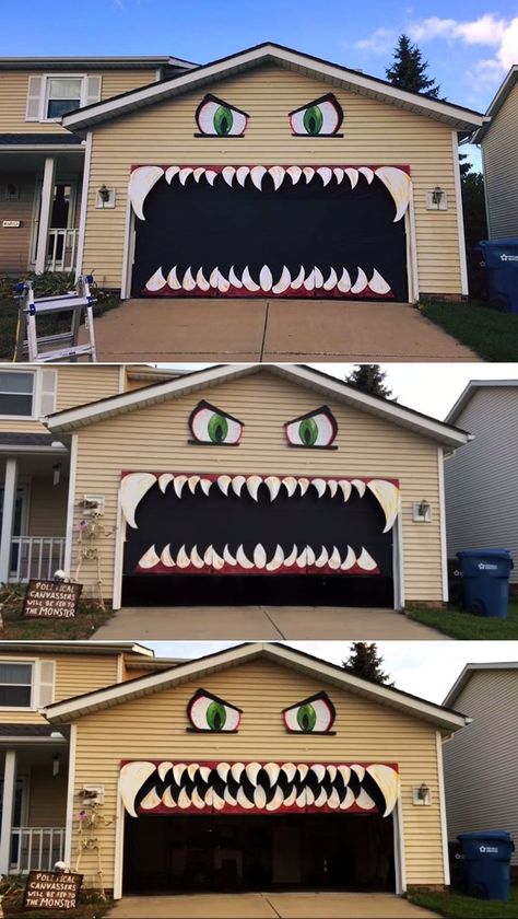 Halloween Ideas Outside, Best Diy Halloween Decorations Outside, Halloween Monster Garage Door, Monster House Decoration Halloween, Diy Spooky One Decor, Creative Outdoor Halloween Decor, Monster House Decor, Monster Garage Door, Halloween Monster House Decorations