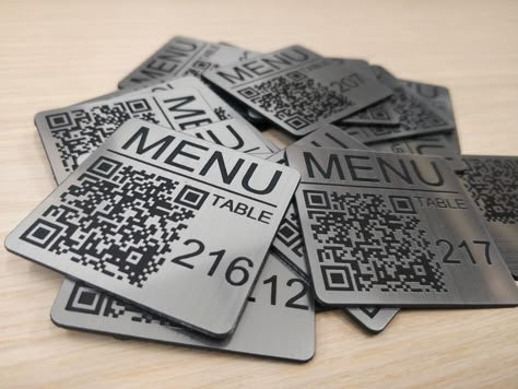 Qr Menu Design, Laser Engraved Signs, Text Website, Personalized Desk Name Plate, Leisure Center, Table Tags, Drukarka 3d, Laser Marking, Desk Sign