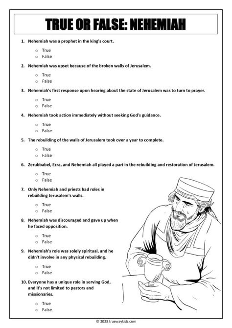 This free printable worksheet is a great way to engage your teens in a Bible lesson on Nehemiah. It includes thought-provoking questions and statements that they can answer with true or false. Download and print this worksheet for an interactive and meaningful learning experience! #Nehemiah #BibleLessonForTeens #TruewayTeens #YouthMinistry Nehemiah Craft, Bible Lessons For Teens, Teen Sunday School Lessons, Teen Bible Lessons, Free Bible Study Printables, Prayer Crafts, Prayer Journal Template, Teen Bible Study, Jesus Kingdom