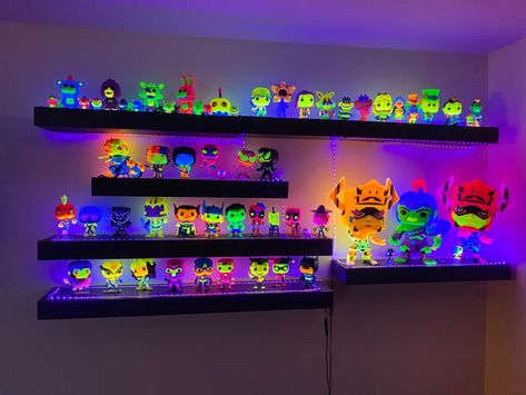 (2) Blacklight collection : funkopop Funko Collection Display, Funko Pop Collection Room, Funko Display Ideas, Funko Pop Display Ideas, Funko Pop Shelves, Disney Funko Pop, Star Wars Funko Pop, Marvel Funko Pop, Funko Collection