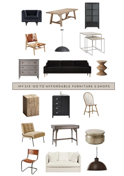 My six 'Go to' affordable online shops for furniture. Rebecca Wakefield - Six Things Blog. UK interiors blog Rebecca Wakefield, French Connection Home, Cowhide Chair, Oak Side Table, Mid Century Desk, Metal Cabinet, Online Furniture Shopping, Metal Coffee Table, Leather Dining Chairs