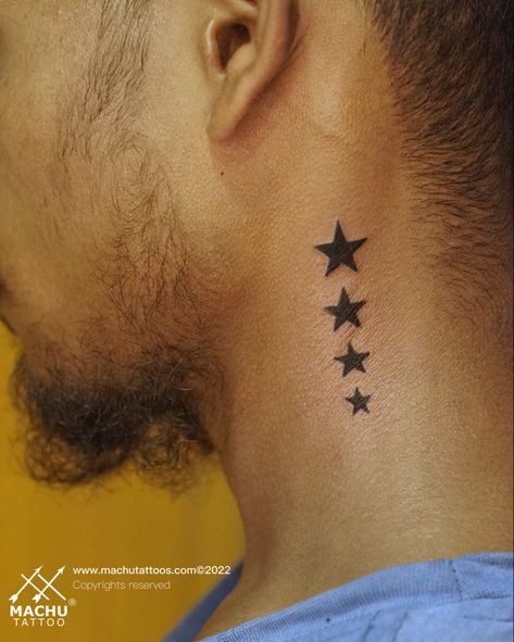 #machutattoos Awesome stars tattoo ideas for men and women on a neck #stars #starstattoo #necktattoosdesigns #machutattoos #dontdienude Men Neck Tattoo, Star Tattoos For Men, Half Sleeve Tattoos Sketches, Full Hand Tattoo, Small Neck Tattoos, Baby Tattoo Designs, Card Tattoo Designs, Band Tattoo Designs, Mom Tattoo Designs