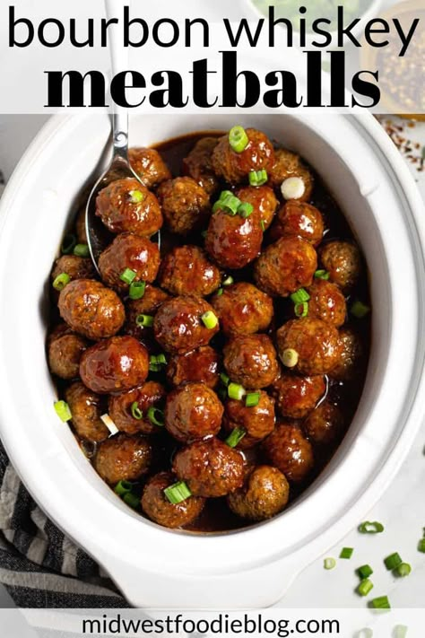 Slow Cooker Bourbon Whiskey BBQ Meatballs | These slow cooker meatballs take just 5 minutes to prep and are the perfect quick and simple appetizer for the holidays, football season or a Saturday night at home with the family! Everyone will be asking for seconds (and the recipe), so you'll definitely want to make a double batch. Whiskey Meatballs, Saturday Night At Home, Holiday Appetizers Thanksgiving, Slow Cooker Holiday Recipes, Meatball Recipes Crockpot, Simple Appetizer, Bbq Meatballs, Holiday Appetizers Easy, Crock Pot Meatballs