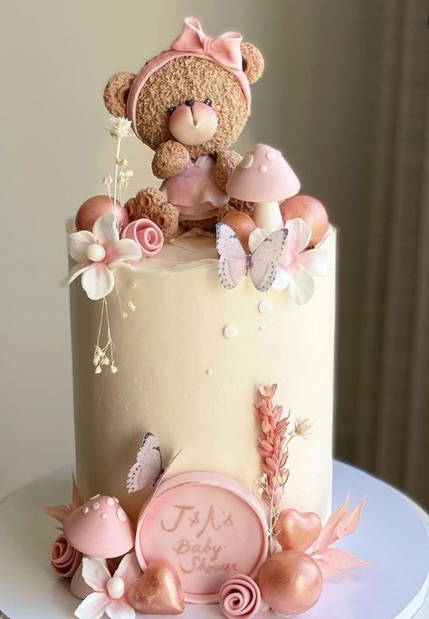 Teddy Bear Birthday Cake, Bear Baby Shower Cake, Pink Baby Shower Cake, Classy Baby Shower, Bear Baby Shower Theme, Baby First Birthday Cake, Baby Shower Cakes Girl, Teddy Bear Cakes