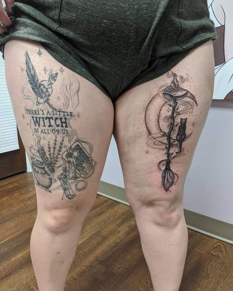 Witchy Thigh Tattoos Women, Witchy Leg Tattoos, Witchy Thigh Tattoo, Plus Size Thigh Tattoo, Witchy Sleeve, Back Of Thigh Tattoo, Girl Thigh Tattoos, Witch Tattoo, Sleeve Ideas