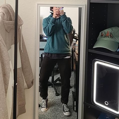 Teal fleece 
White long sleeve under 
Black tee 
Brown corduroy Pants 
Black Hightop converse High Top Chucks, High Top Converse Outfits, Mens High Tops, Outfits With Converse, Mens Fashion Streetwear, Converse High Tops, Chucks Converse, High Tops, Top Styles