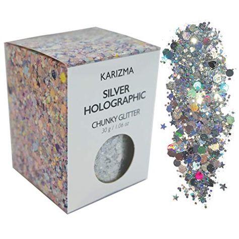 Amazon.com : Silver Holographic Chunky Glitter ✮ Large 30g Jar KARIZMA BEAUTY ✮ Festival Glitter Cosmetic Face Body Hair Nails : Gateway Silver Glitter Makeup, Festival Gems, Rave Glitter, Body Nails, Festival Glitter, Cosmetic Grade Glitter, Glitter Face, Silver Holographic, Silver Bodies