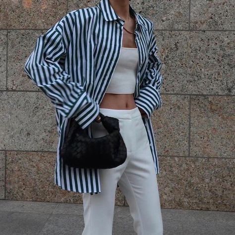 Oversized Striped Shirt Outfit, Blue Stripe Shirt Outfit, Outfits With Striped Shirts, Stripe Shirts, Oversized Striped Shirt, Instagram Cool, Spring Fits, Money Aesthetic, Long Trousers