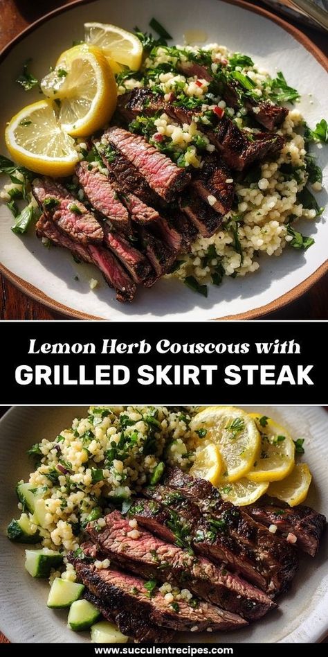 Elevate your Christmas dinner with this juicy grilled skirt steak paired with a vibrant lemon herb couscous salad. A light yet flavorful dish perfect for festive gatherings. Grilled Skirt Steak With Lemon Herb Couscous Salad, Healthy Skirt Steak Recipes, Grilled Meat And Veggies, Steak Dishes Ideas, Beef Couscous Recipes, Healthy Steak Dinner Ideas, Coucous Salad Recipes Feta, Skirt Steak Meals, Healthy Dinner Recipes Steak