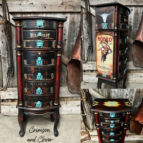 Western Transfers For Furniture, Western Decoupage Furniture, Western Jewelry Armoire, Diy Western Furniture Makeovers, Diy Western Dresser Makeover, Aztec Painted Furniture, Painted Western Furniture, Western Painted Furniture, Western Boho Room Ideas