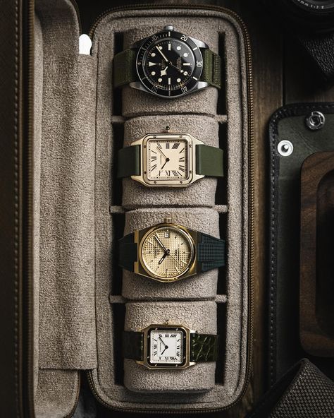 Who greened it best? 🧩 Two prominent themes in my rotation lately: a touch of gold and a touch of green! Which combo do you like best? ⌚️ @cartier Santos Dumont 1576, Matte Green Ischia Alligator Flank Stitchless Strap by @delugs ⌚️ @tissot_official PRX Powermatic 80 35mm T137.207.33.021.00, Emerald Green Rubber CTS Strap by @delugs ⌚️ @cartier Santos Dumont Large WGSA0054, Olive Green Rubber CTS Strap by @delugs ⌚️ @tudorwatch Black Bay Fifty-Eight M79030N-0001, Olive Green Delcro Strap... Mens Watch Aesthetic, Cartier Santos Dumont, Art Of Manliness, Air Fighter, Matte Green, Retro Watches, Cartier Santos, Cartier Watch, Money Aesthetic