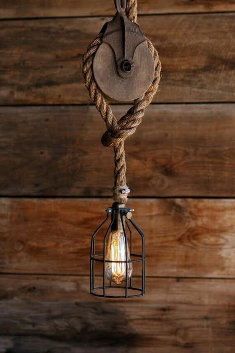 Pulley Pendant Light, Rustic Industrial Lighting, Diy Industrial Lighting, Wood Wheel, Manila Rope, Industrial Ceiling Lights, Cage Light, Rustic Pendant Lighting, Barn Decor